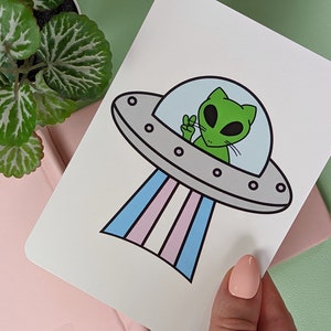 Alien Cat UFO TRANS PRIDE Print | Trans Pride | Queer Art Print | Lgbtq Greeting Card | Pride Postcard | Rainbow Wall Decor | Cute Cat Art