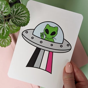 Alien Cat UFO ACE Pride Print | OOPSIES! | Asexual Pride | Queer Art Print | Lgbtqia Greeting Card | Pride Postcard | Rainbow Wall Decor
