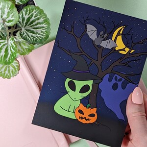 ALIEN CAT HALLOWEEN Print | Halloween Greeting Card | Alien Cat Postcard | Kawaii Cat Greeting Card | Alien Art Print | Unique | Clearance!