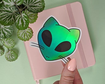 HOLOGRAPHIC ALIEN CAT Sticker, Cute Kitty Sticker, Cool Green Alien Sticker, Holo Effect Sticker, Kawaii Art, Laptop Sticker, for Cat Lovers