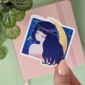 MOON GIRL Sticker, Rae DTIYS #b00py_dtiys, Sad Anime Gir, Celestial Aesthetic Stickers, Cute Chibi Laptop Sticker, Anime Manga Style Art