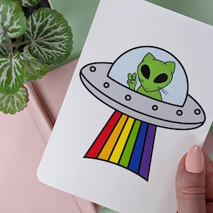 Alien Cat UFO PRIDE Print | Rainbow Print | Queer Art Print | LGBTQIA+ Greeting Card | Pride Postcard | Rainbow Wall Decor | Cute Cat Art