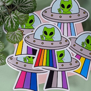 PRIDE UFO Sticker, Alien Cat Art, LGBTQIA+ Stickers, Rainbow Space Kitty, Gay Lesbian Bi Pan Ace Trans & Non-Binary, Cool Vinyl Sticker