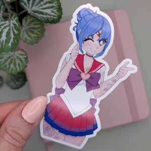SAILOR BI Sticker, Bisexual Pride Sticker, Magical Anime Girl Sticker, Funny Finger Guns, Cute Aesthetic, Pretty Anime Women Manga Art Style