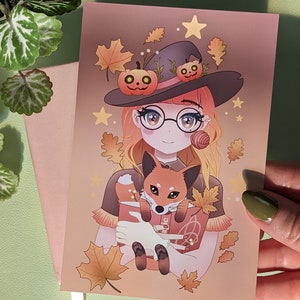 FALL WITCH Art Print, MrsButterD DTIYS #MrsButterWitch, Draw this in your style, Halloween Art, Autumn Fall Aesthetic, Cute Anime Wall Decor