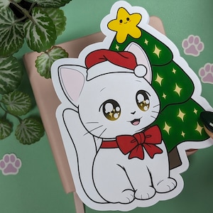 CAT CHRISTMAS CARD, Cute Kitty Greeting Card for X-Mas, Merry Christmas Greetings, Kawaii Cat Drawing, Unique Cut-Out Greeting Postcard