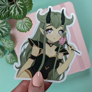 DEMON GIRL Sticker, Hippomus.Art DTIYS #hippomus3K, Draw this in your style entry,  Kawaii Green Alien Woman Sticker, Aesthetic Anime Art