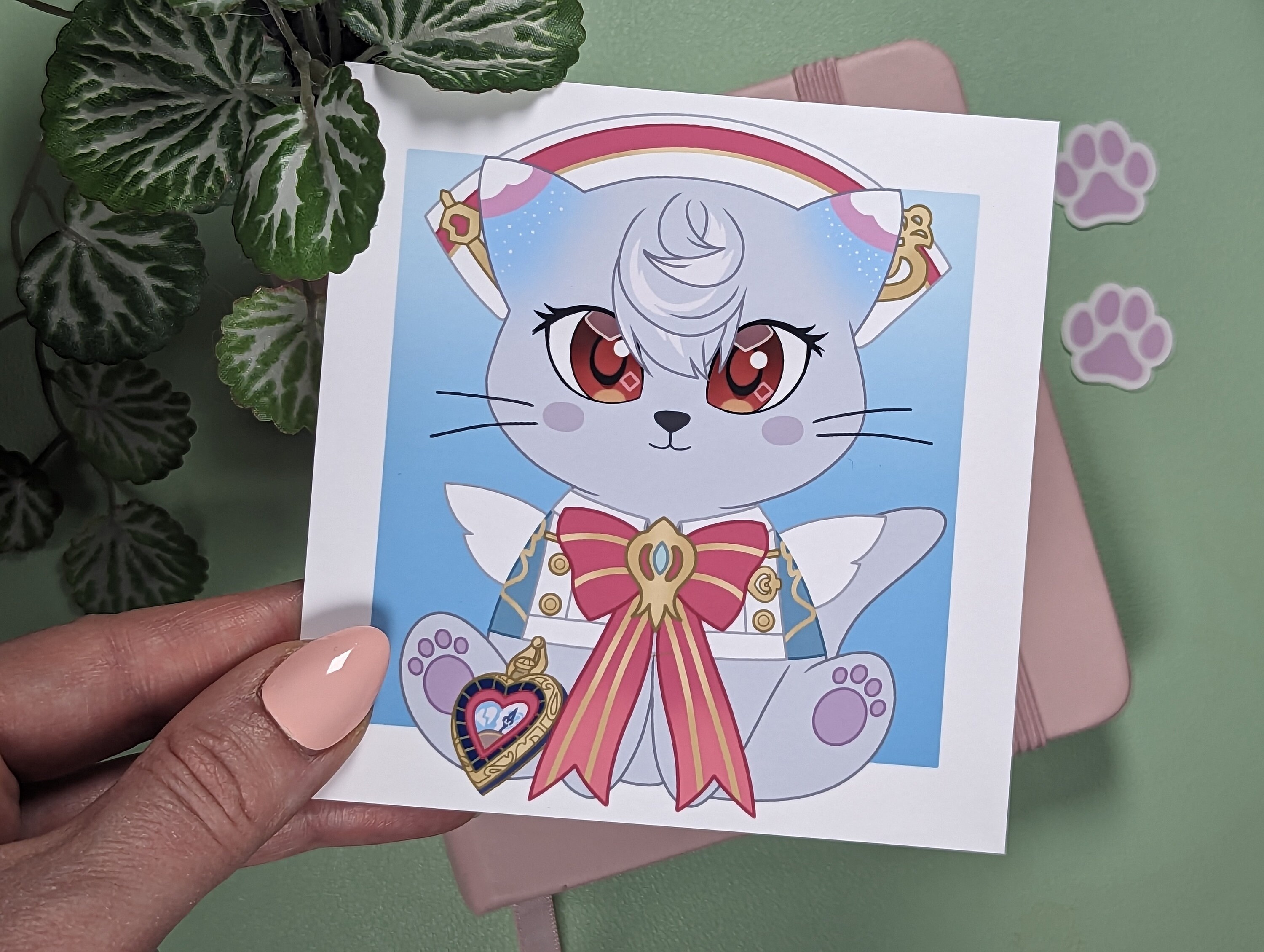 SIGEWINNE Art Print, Genshin Impact Poster, Cute Wall Decor Card, Mini Print of Kawaii Cat, Semi-Glossy Square Chibi Fan Art, Anime Lover