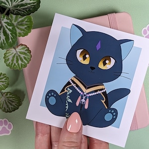 XIAO Art Print, Genshin Impact Poster, Cute Wall Decor Card, Mini Print of Kawaii Cat, Semi-Glossy Square Chibi Fan Art, Gift Anime Lovers