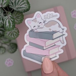 CAT ON BOOKS Sticker, Book Lover Sticker, Bookish Sticker, Cute Sleepy Kitty Decal, Kindle Sticker, BookTok, for Booktroverts and Cat Lovers