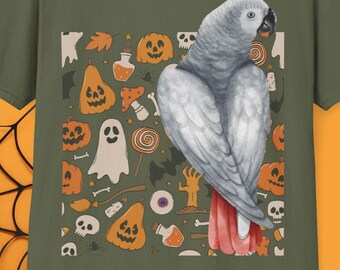 Halloween African grey Parrot T-Shirt, love bird Tee, Cute Halloween Shirt, Fall Spooky Season Wear, Gift for Pet  African grey  Lovers
