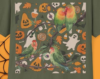 Halloween lovebird Parrot T-Shirt, love bird Tee, Cute Halloween Shirt, Fall Spooky Season Wear, Gift for Pet love Bird Lovers