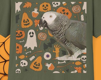 Halloween African grey Parrot T-Shirt, love bird Tee, Cute Halloween Shirt, Fall Spooky Season Wear, Gift for Pet  African grey  Lovers