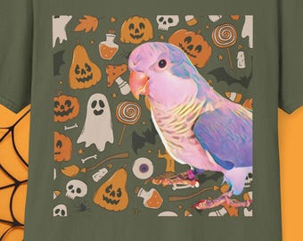 blue monk Parrot T-Shirt, monk parakeet bird Tee, Cute quaker parrot Halloween Shirt, Fall Spooky Season Wear, Gift for Pet monk parakeet