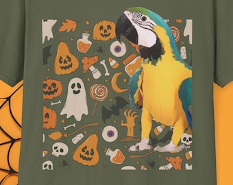 yellow blue macaw Halloween-Shirt, pet bird Tee, Cute parrot Halloween Shirt, Fall Spooky Season Wear, Gift for Pet parrot