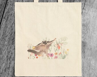Sugar Glider Tote Bag | Watercolor Wildlife Canvas Bag | Cottagecore Floral Tote | Nature Lover Gift | Cute Animal Market Bag