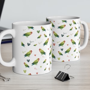 Ceramic Mug 11oz fisher dominant pied green lovebird coffee mug, lovebirds mom tea mug, lovebird drinking mug, pet lovebird themed gift