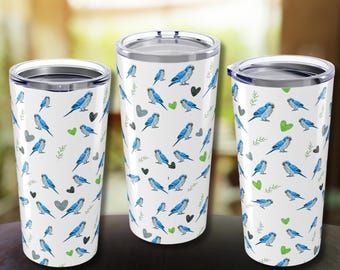 Blue Monk Parakeet Parrot Tumbler 20oz with Lid - Keep Hot and Cold, Quaker Parrot Design Cup, Bird Lover Gift, Bird Enthusiast Gift, Travel