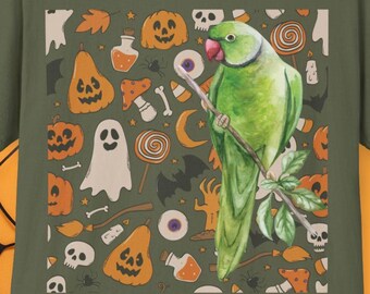 Halloween Indian ringneck Parrot T-Shirt, green ringneck Tee, Cute Halloween Shirt, Fall Spooky Season Wear, Gift for Bird Lovers