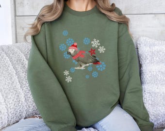 African grey parrot winter Christmas Sweatshirt, grey bird owner gift, grey parrot snowflake mom pullover,African grey xmas winter sweater