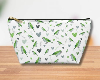 Quaker parrot design Accessory Pouch w T-bottom, monk parakeet accessories purse, green quaker accessories bags, Quaker cosmetic bag