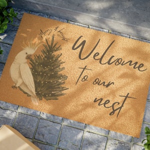 Cockatoo welcome to our nest winter Doormat, xmas Cockatoo gift, pet Cockatoo housewarming gift, Christmas gift Cockatoo memorial door rug,