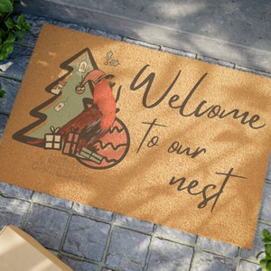 Red Eclectus welcome to our nest winter Doormat, xmas Eclectus gift, pet Eclectus housewarming Christmas gift Eclectus memorial door rug,