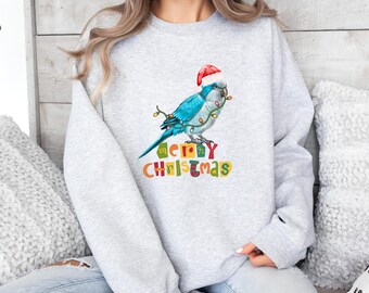 blue monk parakeet parrot Christmas Sweatshirt, pet blue quaker owner gift, merry Christmas quaker parrot themed pullover, bird sweater