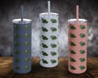 May include: Three stainless steel tumblers with a parrot pattern. The tumblers are in blue, white, and pink. Each tumbler has a straw.