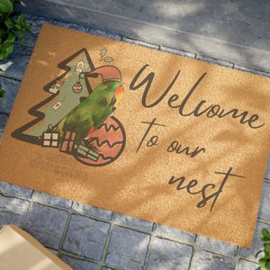 Green Eclectus welcome to our nest winter Doormat, xmas Eclectus gift, pet Eclectus housewarming Christmas gift Eclectus memorial door rug,