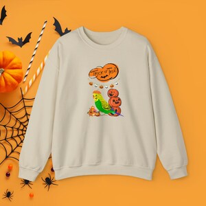 Trick-or-Treat green budgies Halloween Sweatshirt Unisex Heavy Blend™ Crewneck Sweatshirt, green budgerigar sweatshirt, parakeet spooky