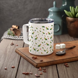 10oz fisher dominant pied green lovebird coffee tumbler, lovebird Insulated Coffee Mug, love bird, lovebird mom gift, lovebird owner gift