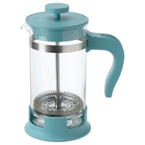 May include: A blue glass French press coffee maker with a stainless steel filter and a blue plastic handle.