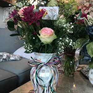 Mosaic style real mother of pearl vase. One of a kind original heirloom treasured keepsake. Signed artwork. Bestseller for Mothers Day.
