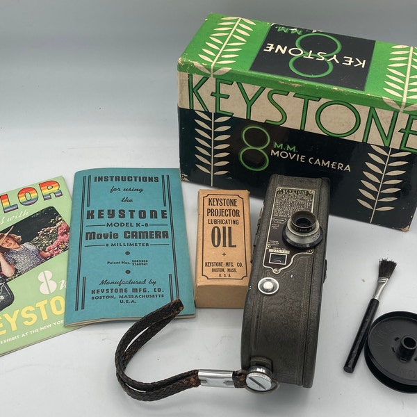Keystone 8MM Movie Camera, Model K-8, W/Box, Manuals, and Accessories, CLEAN and works