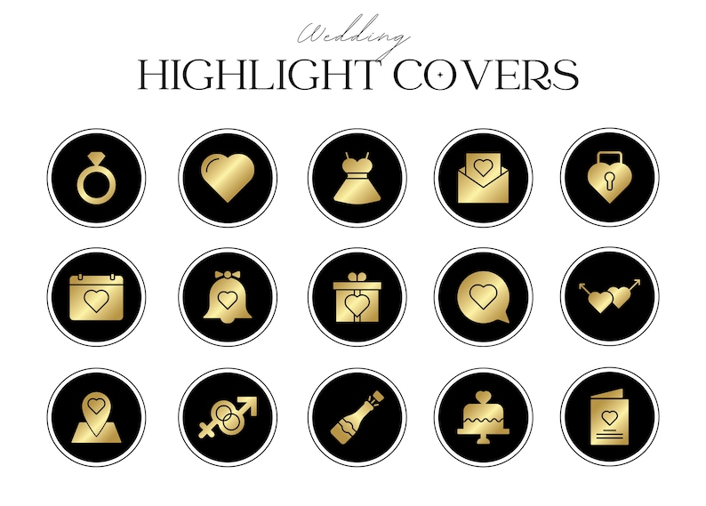Puede incluir: Conjunto de 16 cubiertas de resaltado de Instagram doradas y negras con iconos de tem&aacute;tica nupcial, que incluyen un anillo, un coraz&oacute;n, un vestido, un sobre, un candado, un calendario, una campana, una caja de regalo, un globo de di&aacute;logo, flechas, un pin de ubicaci&oacute;n, un s&iacute;mbolo de g&eacute;nero, una botella de champ&aacute;n y un pastel.
