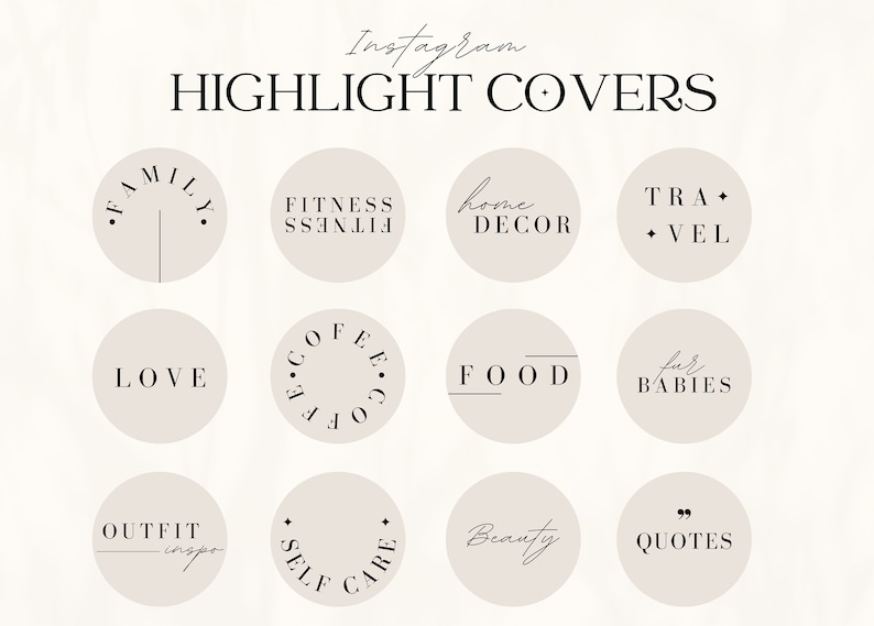 Puede incluir: Un conjunto de 12 cubiertas de destacados de Instagram con varios textos y dise&ntilde;os. Las cubiertas son de color rosa claro con texto negro. El texto incluye "Familia", "Fitness", "Decoraci&oacute;n del hogar", "Viajes", "Amor", "Caf&eacute;", "Comida", "Para beb&eacute;s", "Inspiraci&oacute;n de atuendo", "Autocuidado", "Belleza" y "Citas".