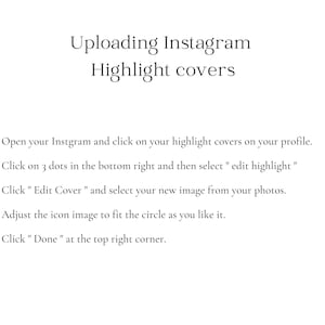 Puede incluir: Una gu&iacute;a paso a paso sobre c&oacute;mo cargar portadas de destacados de Instagram. El texto incluye instrucciones sobre c&oacute;mo abrir Instagram, hacer clic en las portadas de destacados, seleccionar "editar destacado", hacer clic en "editar portada", seleccionar una nueva imagen, ajustar la imagen del icono y hacer clic en "hecho".