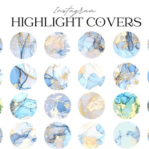 Puede incluir: Conjunto de 16 cubiertas de resaltado de Instagram con dise&ntilde;os abstractos de m&aacute;rmol azul y dorado. Las cubiertas son circulares y tienen un fondo blanco.