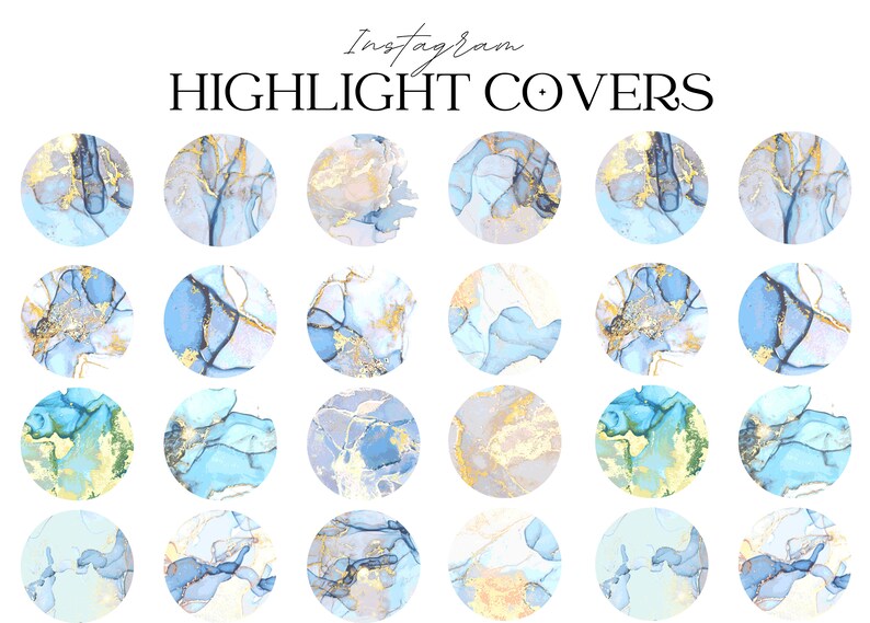 Puede incluir: Conjunto de 16 cubiertas de resaltado de Instagram con dise&ntilde;os abstractos de m&aacute;rmol azul y dorado. Las cubiertas son circulares y tienen un fondo blanco.