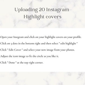Puede incluir: Un cuadro de texto blanco con texto negro sobre un fondo de m&aacute;rmol blanco. El texto explica c&oacute;mo subir 20 portadas de destacados de Instagram. El texto dice: "1. Abre tu Instagram y haz clic en tus portadas de destacados en tu perfil. 2. Haz clic en los 3 puntos de la parte inferior derecha y luego selecciona "editar destacado". 3. Haz clic en "Editar portada" y selecciona tu nueva imagen de tus fotos. 4. Ajusta la imagen del icono para que encaje en el c&iacute;rculo como quieras. 5. Haz clic en "Hecho" en la esquina superior derecha."