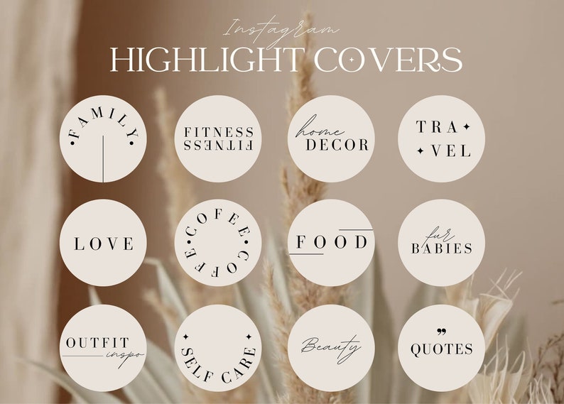 Puede incluir: Un conjunto de 10 cubiertas de destacados de Instagram con dise&ntilde;os minimalistas. Las cubiertas presentan texto como "Familia", "Fitness", "Decoraci&oacute;n del hogar", "Viajes", "Amor", "Caf&eacute;", "Comida", "Para beb&eacute;s", "Inspiraci&oacute;n para atuendos", "Autocuidado", "Belleza" y "Citas".