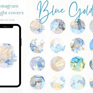 Puede incluir: Conjunto de 16 cubiertas de resaltado de Instagram azul y dorado con efecto m&aacute;rmol. Las cubiertas son circulares y presentan patrones abstractos en tonos de azul, blanco y dorado.