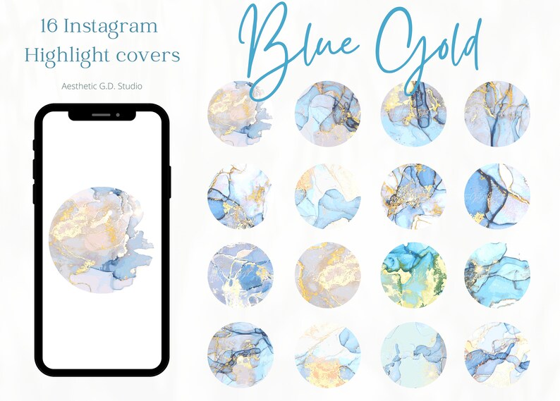 Puede incluir: Conjunto de 16 cubiertas de resaltado de Instagram azul y dorado con efecto m&aacute;rmol. Las cubiertas son circulares y presentan patrones abstractos en tonos de azul, blanco y dorado.