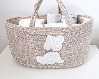 Nappy Caddy Organiser with Boucle Teddy Bear, Natural Nursery Storage Basket for Baby Essentials