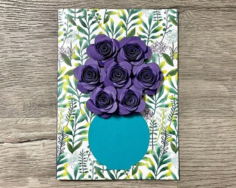 Floral 3D Greeting Card - Dark Purple Flower Arrangement on Printed Floral/Greenery Base