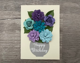 Happy Birthday Floral Greeting Card - 3D Blue/Purple Flowers