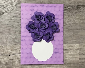 Floral 3D Greeting Card - Dark Purple Flower Arrangement on Printed Purple Base