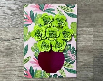 Floral 3D Greeting Card - Bright Green Flower Arrangement on Printed Leaf Base