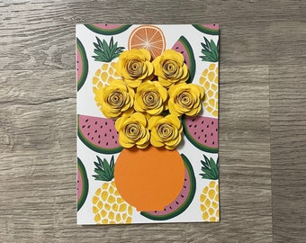 Floral 3D Greeting Card - Yellow Flower Arrangement on Printed Summer Fruit Base